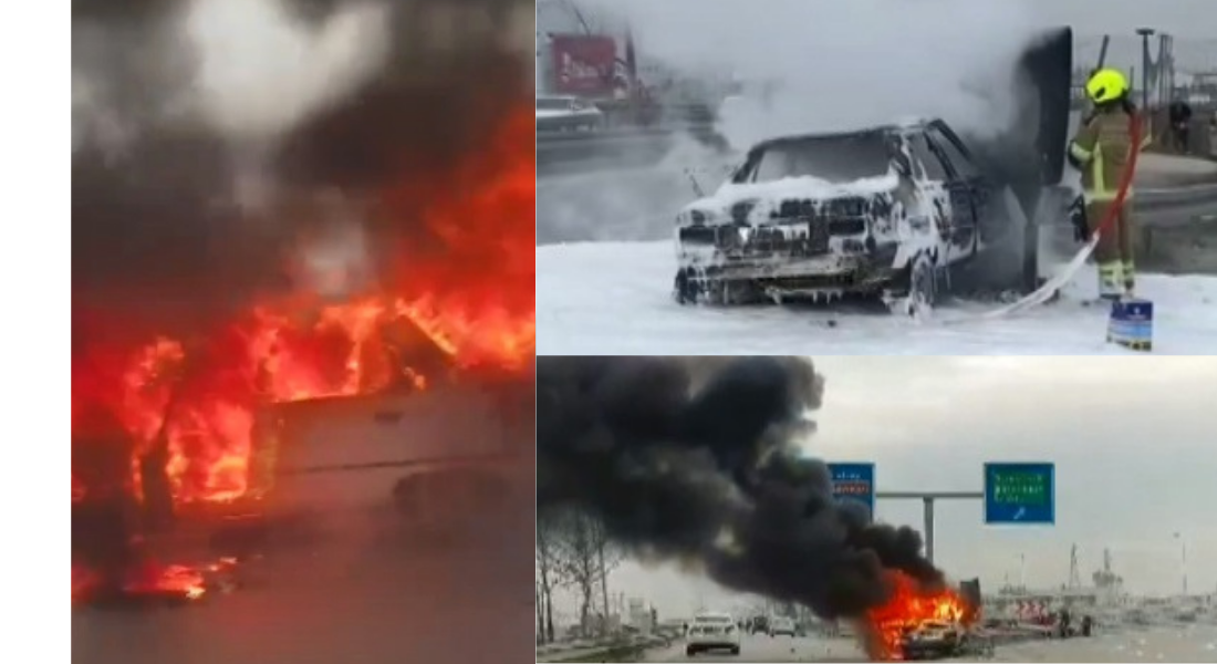 Karacabey’de Bariyerlere Çarpan Otomobil Yandı