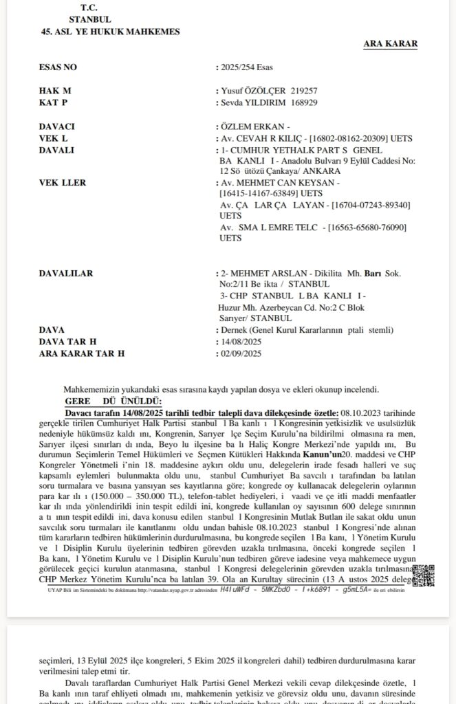 Mahkemeden CHP İstanbul İl Örgütüne Kayyum Kararı/Gerekçesi